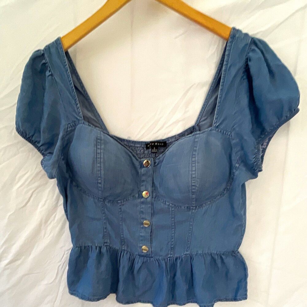 Haute Monde Blue Square Neck Puff Sleeve Button Front Smocked Back Blouse L